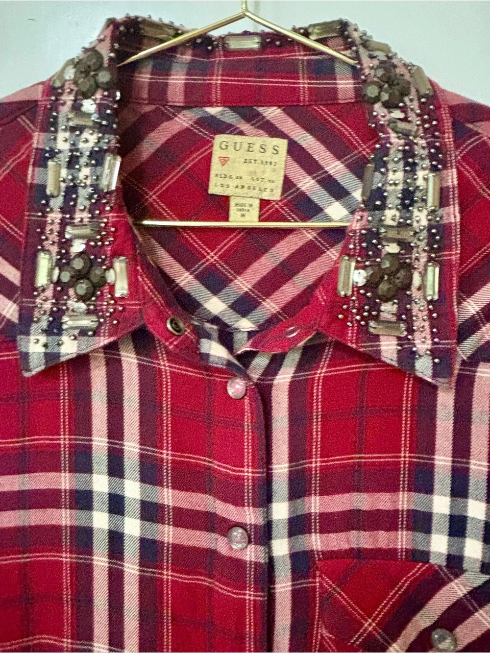 Guess| VTG Red Plaid Snap Down Rodeo Shirt w/Embellished Rhinestone Collar Sz M - Picture 6 of 7